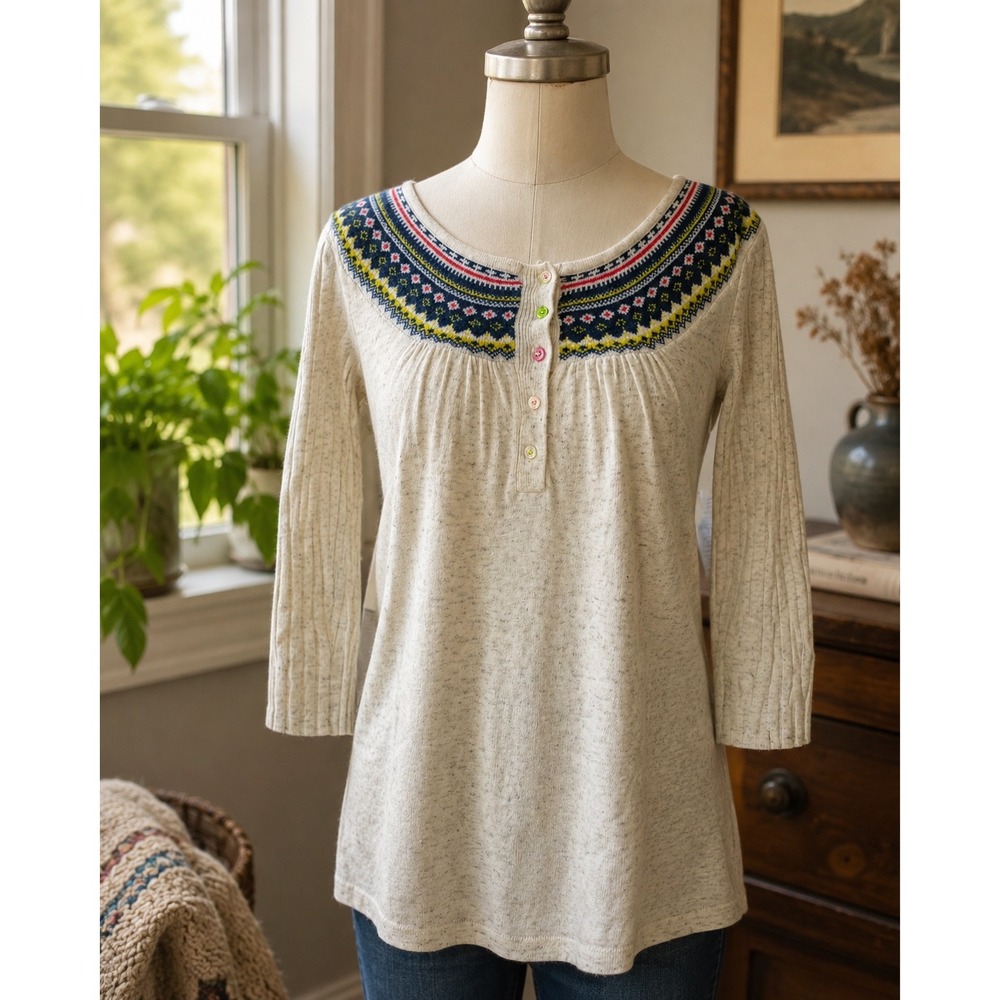 River Island Cream Lambswool Angora Fair Isle Henley Sweater Top UK 8 EUR 34